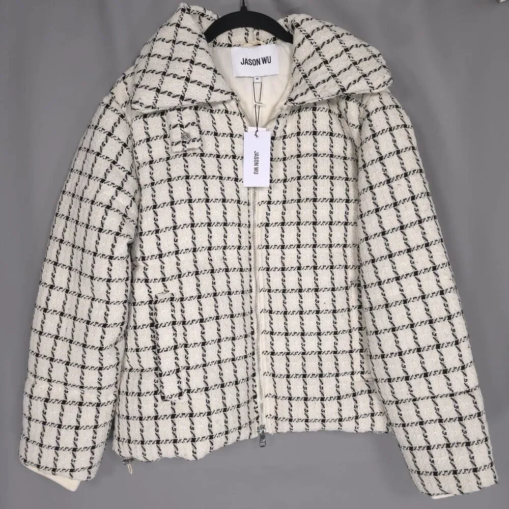 JASON WU New Women’s MEDIUM Quiet Luxury Ivory Plaid Tweed‎ PUFFER Jacket Cozy